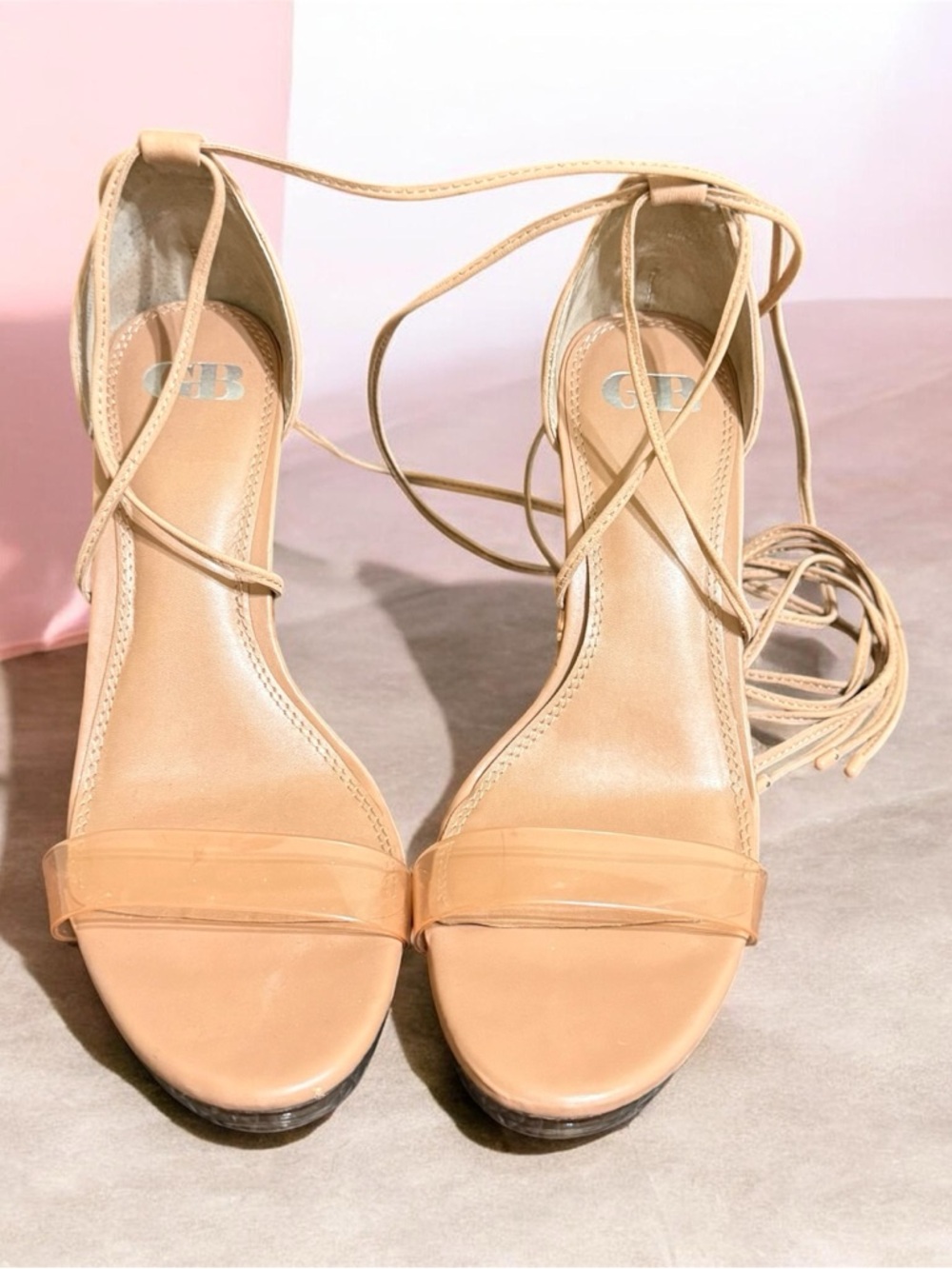 Gianni Bini Nude Lace-Up Clear Strap Heels